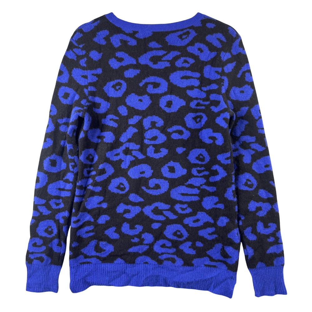Aqua Cashmere Womens Blue Black Leopard Print 100% Cashmere Crew Neck Sweater S - Picture 2 of 5